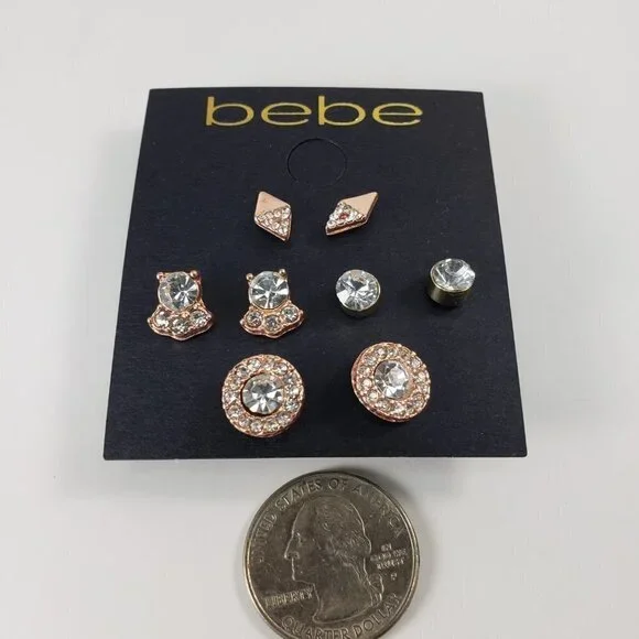 Women’s BEBE Gold & Rose Gold-Tone Stud Earrings – Set of 4 Sparkling Rhinestone - Picture 4 of 7